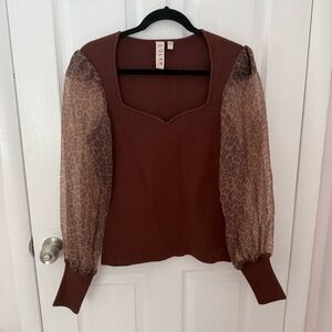 Anthropologie Dolan Brown Leopard Sheer Puff Sleeve Top Size Medium